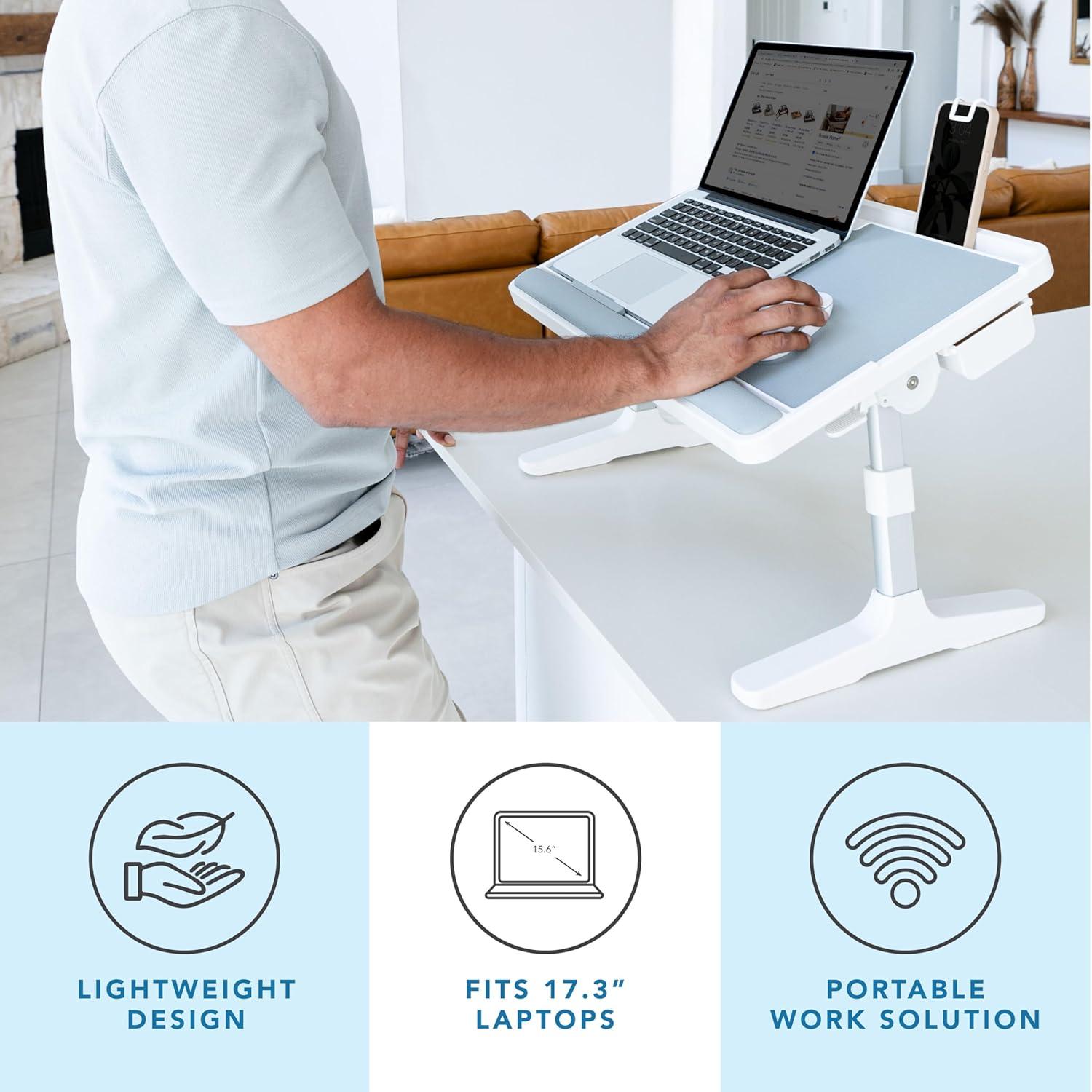 imageLAPGEAR Easy Tilt Leather Laptop Bed Desk with Adjustable Legs Wrist Rest Media Slot and Builtin Storage  Black  Fits up to 17 Inch Laptops  Style No 78508Gray