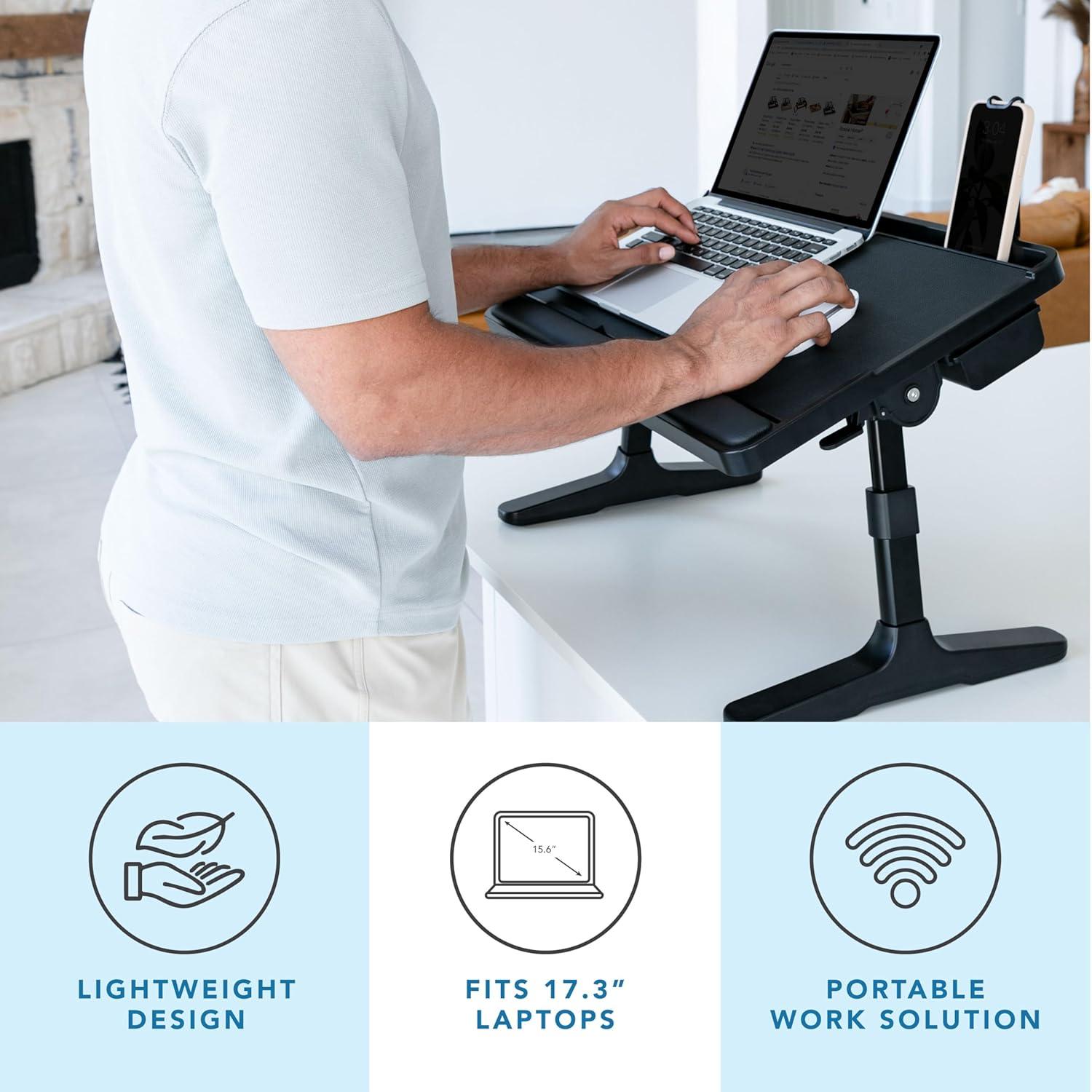 imageLAPGEAR Easy Tilt Leather Laptop Bed Desk with Adjustable Legs Wrist Rest Media Slot and Builtin Storage  Black  Fits up to 17 Inch Laptops  Style No 78508Black