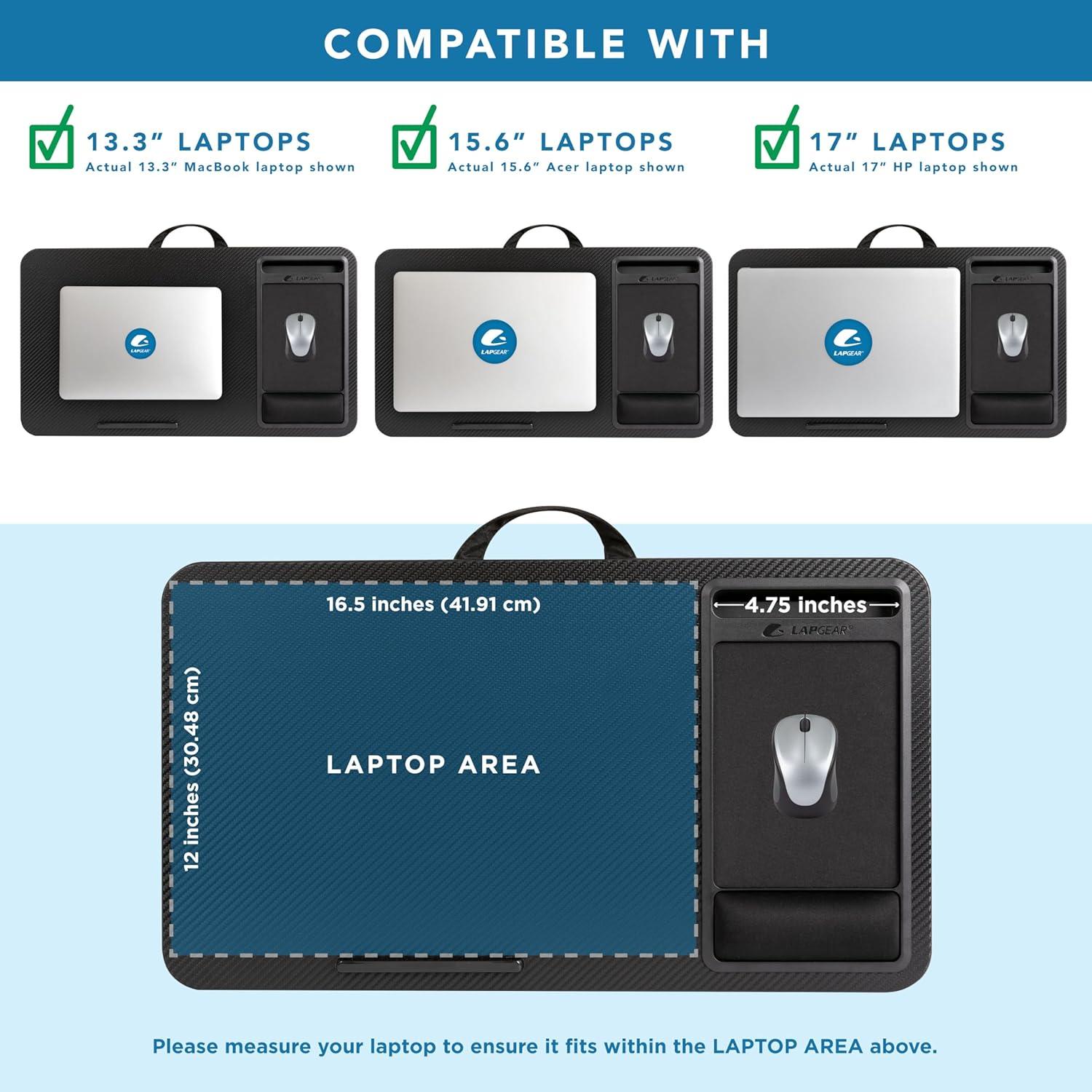 imageLAPGEAR Extra Large Adjustable Lap Desk with Gel Wrist Rest Mouse Pad Phone Holder Device Ledge and Booster Cushion  Gray Woodgrain  Fits up to 173 Inch Laptops  Style No 88105Black Carbon