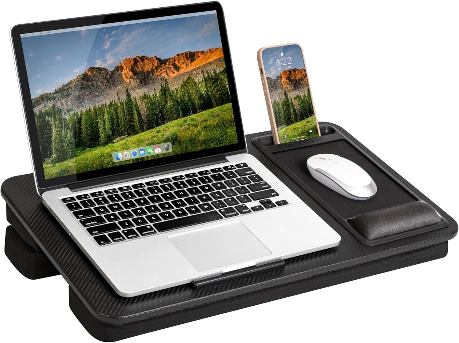 imageLAPGEAR Extra Large Adjustable Lap Desk with Gel Wrist Rest Mouse Pad Phone Holder Device Ledge and Booster Cushion  Gray Woodgrain  Fits up to 173 Inch Laptops  Style No 88105Black Carbon
