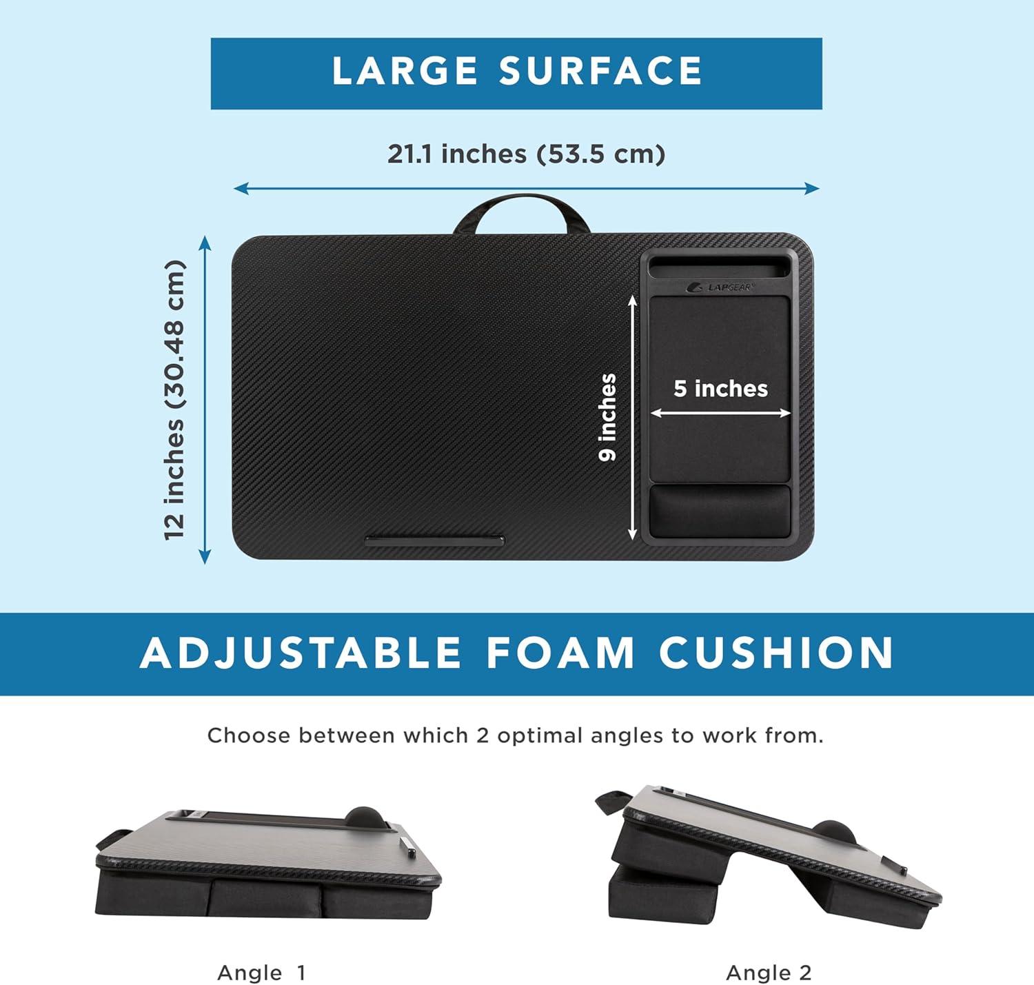 imageLAPGEAR Extra Large Adjustable Lap Desk with Gel Wrist Rest Mouse Pad Phone Holder Device Ledge and Booster Cushion  Gray Woodgrain  Fits up to 173 Inch Laptops  Style No 88105Black Carbon
