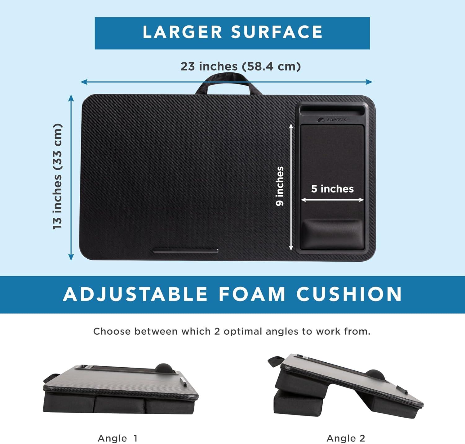 imageLAPGEAR Extra Large Adjustable Lap Desk with Gel Wrist Rest Mouse Pad Phone Holder Device Ledge and Booster Cushion  Gray Woodgrain  Fits up to 173 Inch Laptops  Style No 88105Black Carbon