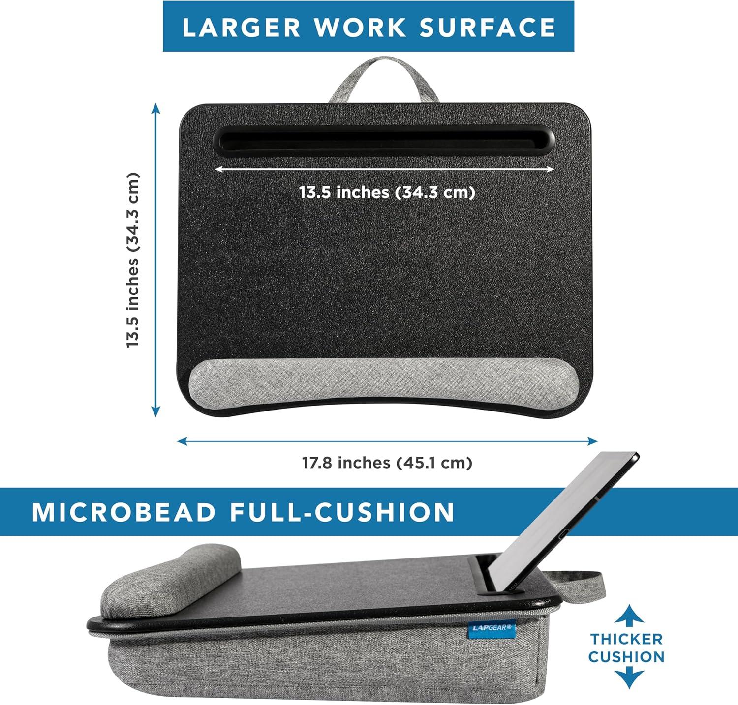 imageLAPGEAR Portable Laptop Lap Desk with Pillow Cushion AntiSlip Strip Tablet or Phone Storage Slot Pen and Pencil Pocket and Wrist Rest  Espresso Woodgrain  Fits 173quot Laptops  Style No 91342Black Leather