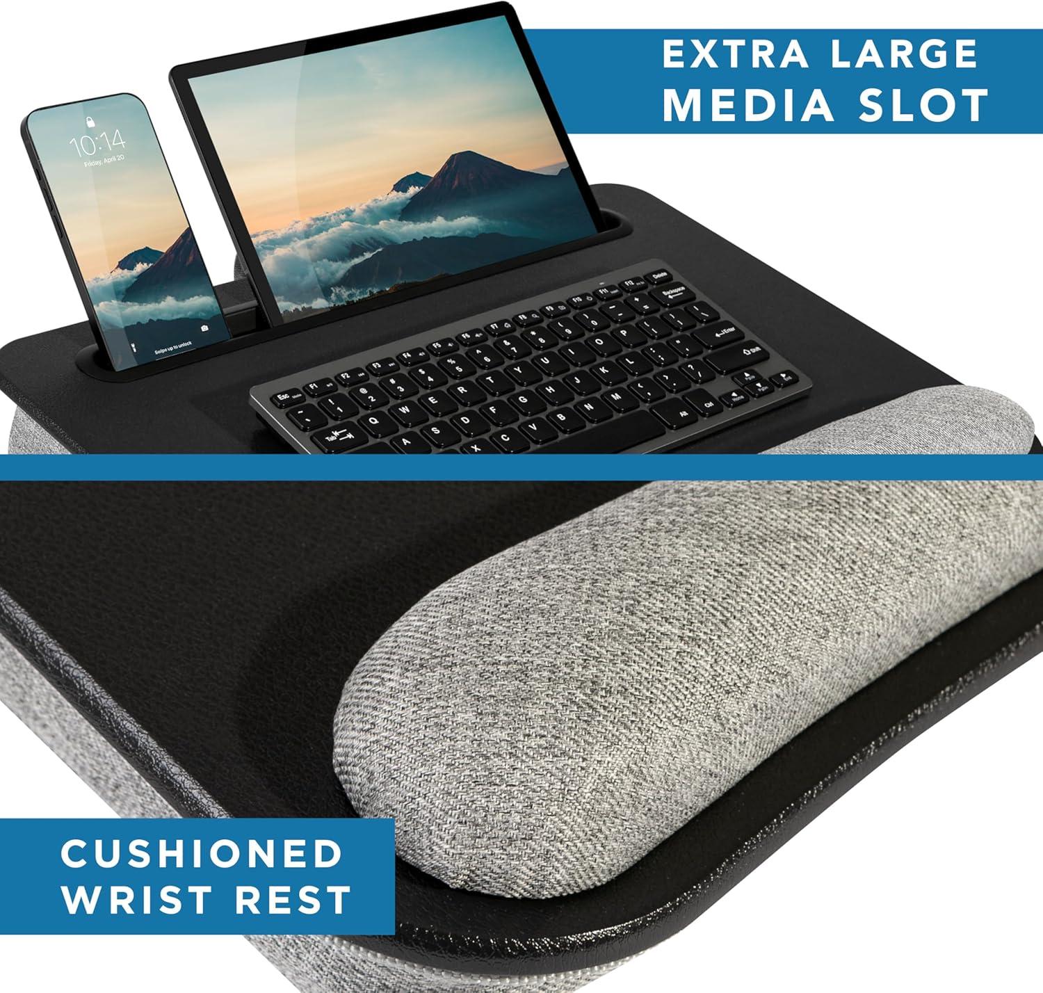 imageLAPGEAR Portable Laptop Lap Desk with Pillow Cushion AntiSlip Strip Tablet or Phone Storage Slot Pen and Pencil Pocket and Wrist Rest  Espresso Woodgrain  Fits 173quot Laptops  Style No 91342Black Leather