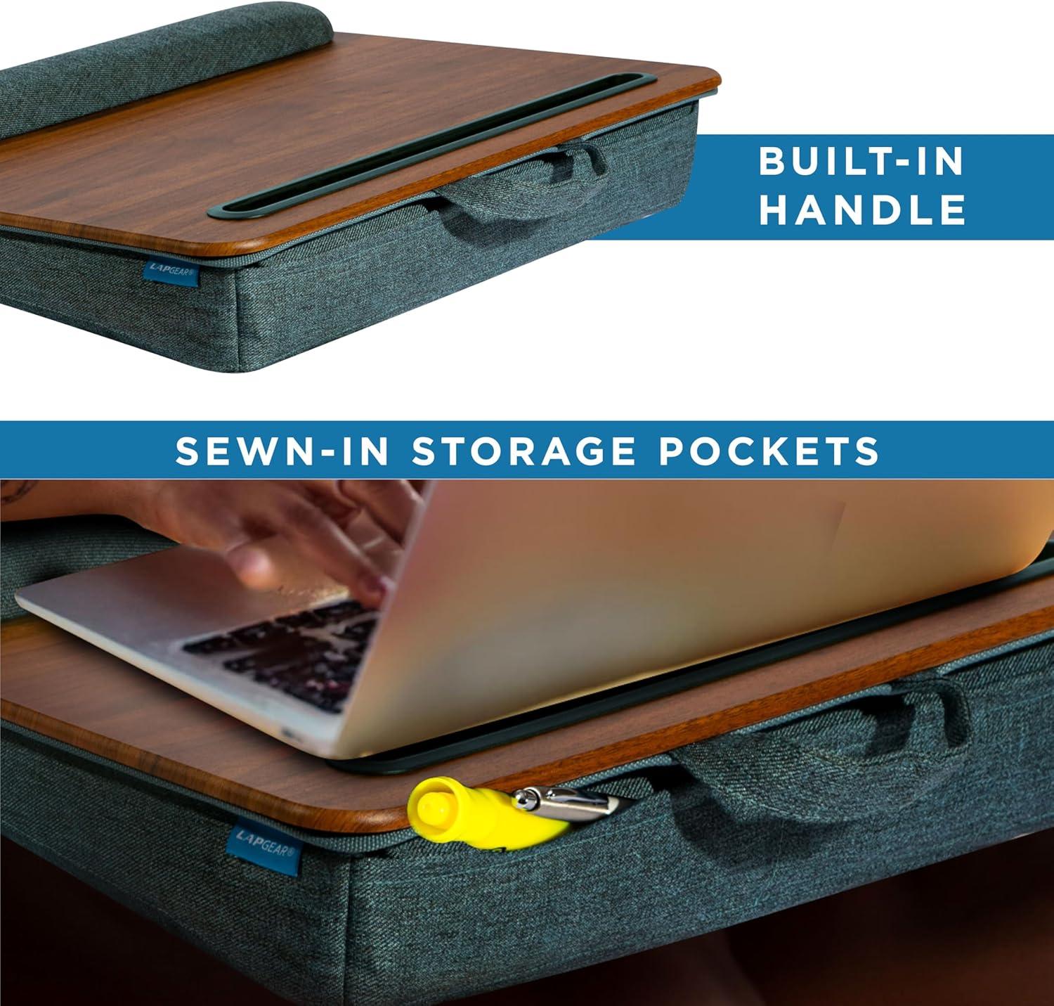 imageLAPGEAR Portable Laptop Lap Desk with Pillow Cushion AntiSlip Strip Tablet or Phone Storage Slot Pen and Pencil Pocket and Wrist Rest  Espresso Woodgrain  Fits 173quot Laptops  Style No 91342Espresso Woodgrain