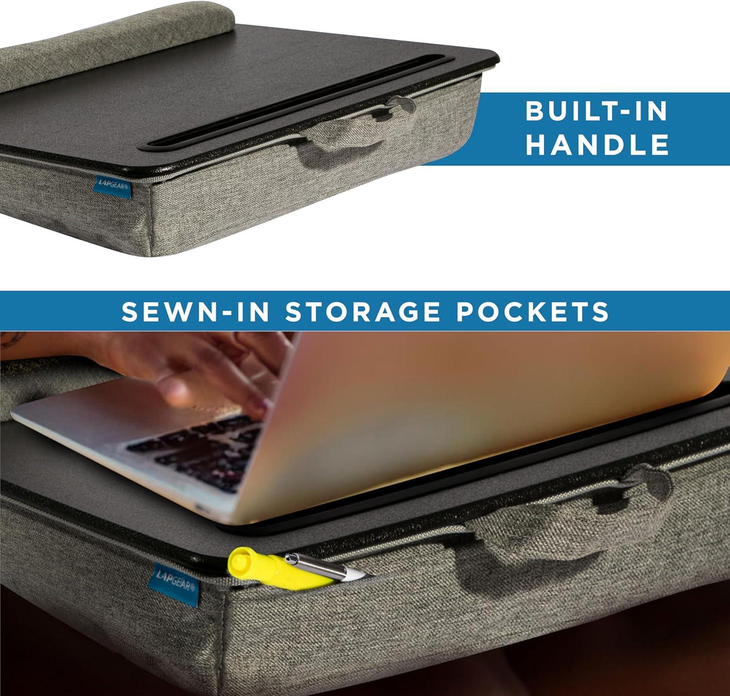 imageLAPGEAR Portable Laptop Lap Desk with Pillow Cushion AntiSlip Strip Tablet or Phone Storage Slot Pen and Pencil Pocket and Wrist Rest  Espresso Woodgrain  Fits 173quot Laptops  Style No 91342Black Leather