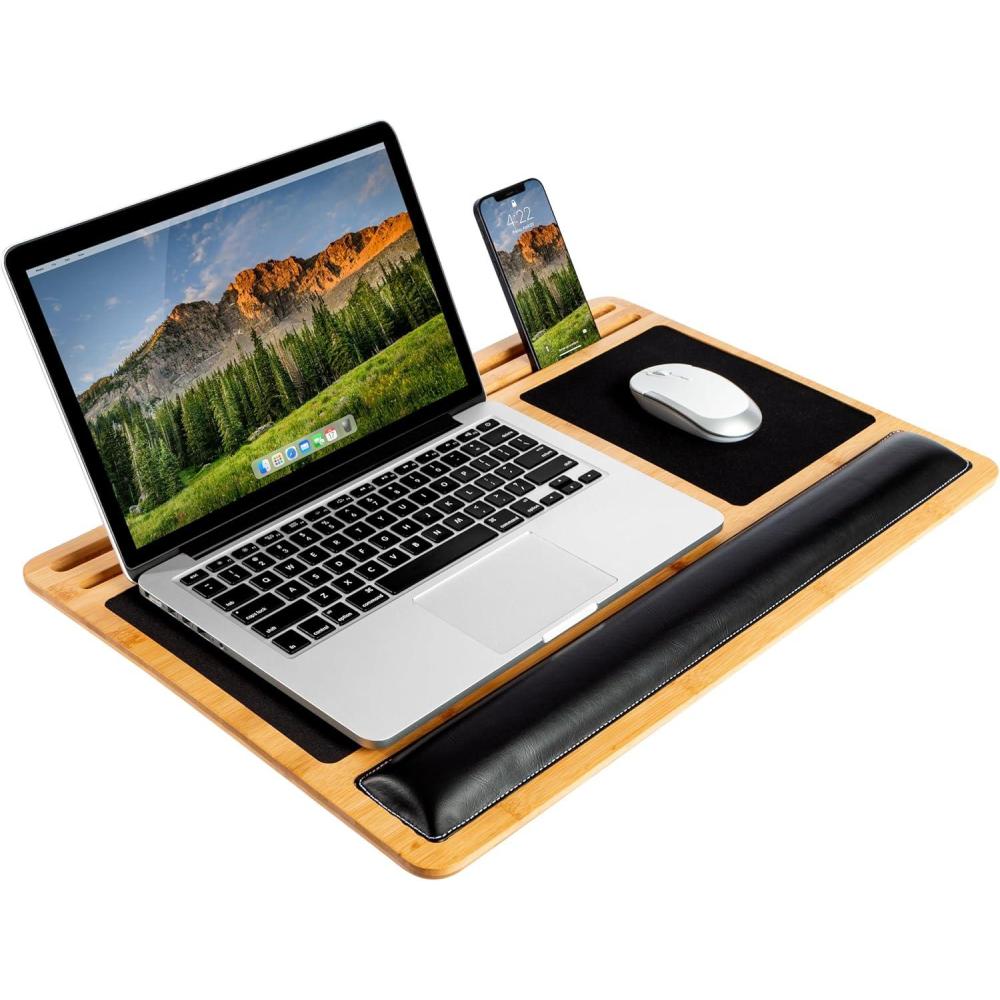 imageLAPGEAR Bamboo Pro Lap Board with Wrist Rest Mouse Pad and Phone Holder  Natural  Fits up to 173 Inch Laptops and Most Tablets  Style No 77101