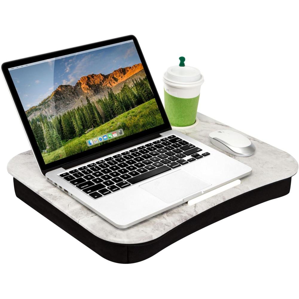 imageLAPGEAR Cup Holder Lap Desk with Device Ledge  White Marble  Fits up to 14 Inch Laptops  Style No 46305White Marble