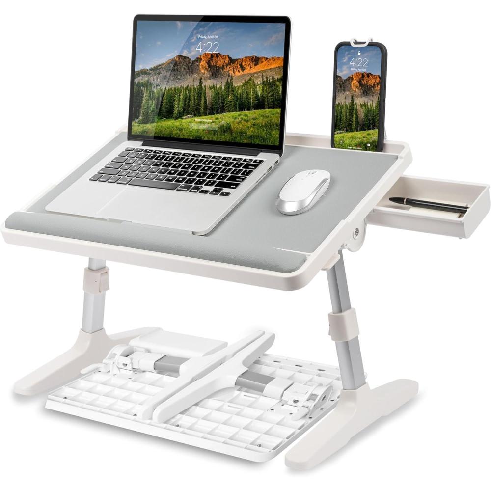 imageLAPGEAR Easy Tilt Leather Laptop Bed Desk with Adjustable Legs Wrist Rest Media Slot and Builtin Storage  Black  Fits up to 17 Inch Laptops  Style No 78508Gray
