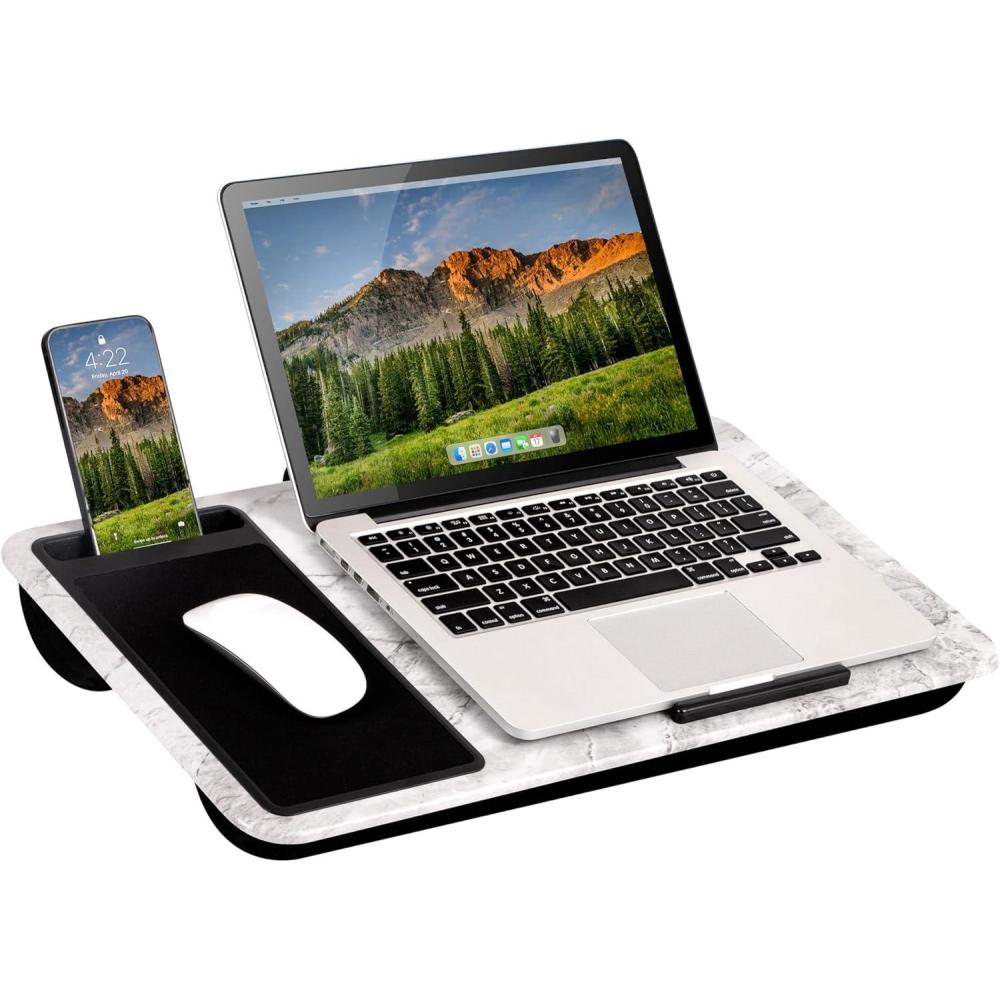 imageLAPGEAR Home Office Lap Desk  LeftHanded  with Mouse Pad Device Ledge and Phone Holder  White Marble  Fits up to 156 Inch Laptops  Style No 91411White Marble