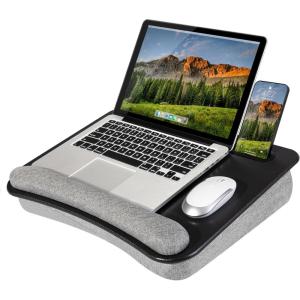 imageLAPGEAR Portable Laptop Lap Desk with Pillow Cushion AntiSlip Strip Tablet or Phone Storage Slot Pen and Pencil Pocket and Wrist Rest  Espresso Woodgrain  Fits 173quot Laptops  Style No 91342Black Leather
