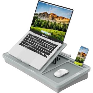 imageLAPGEAR Ergonomic Pro 20 Lap Desk with 9 Adjustable Heights Builtin Mouse Pad amp Phone Slot  Full Microbead Cushion Storage Pocket  Fits Laptops up to 156  Gray  Style No 49505Gray